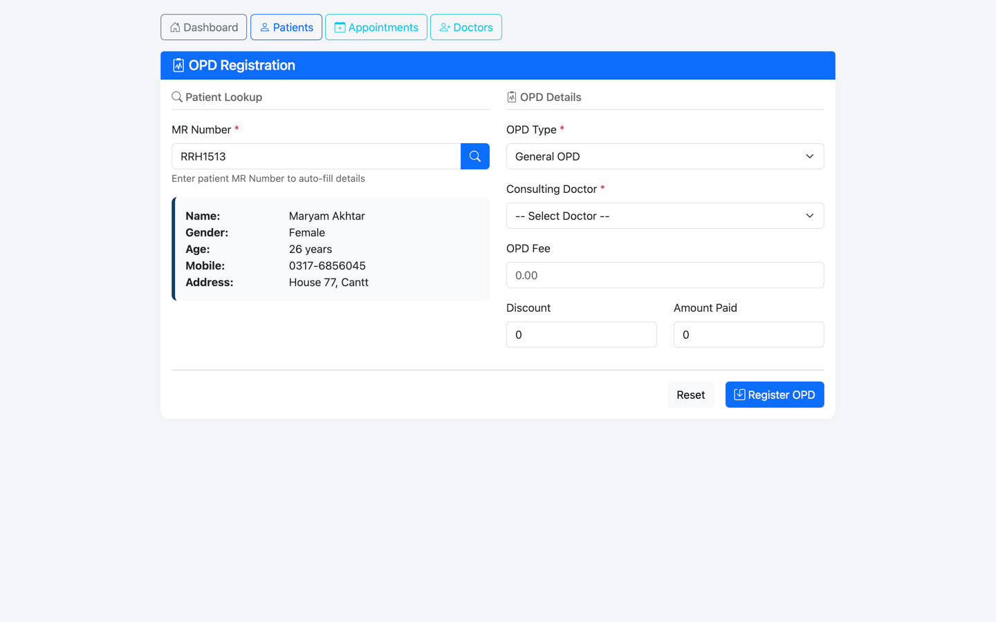 Ayriq HMS — OPD registration, fees and token printing