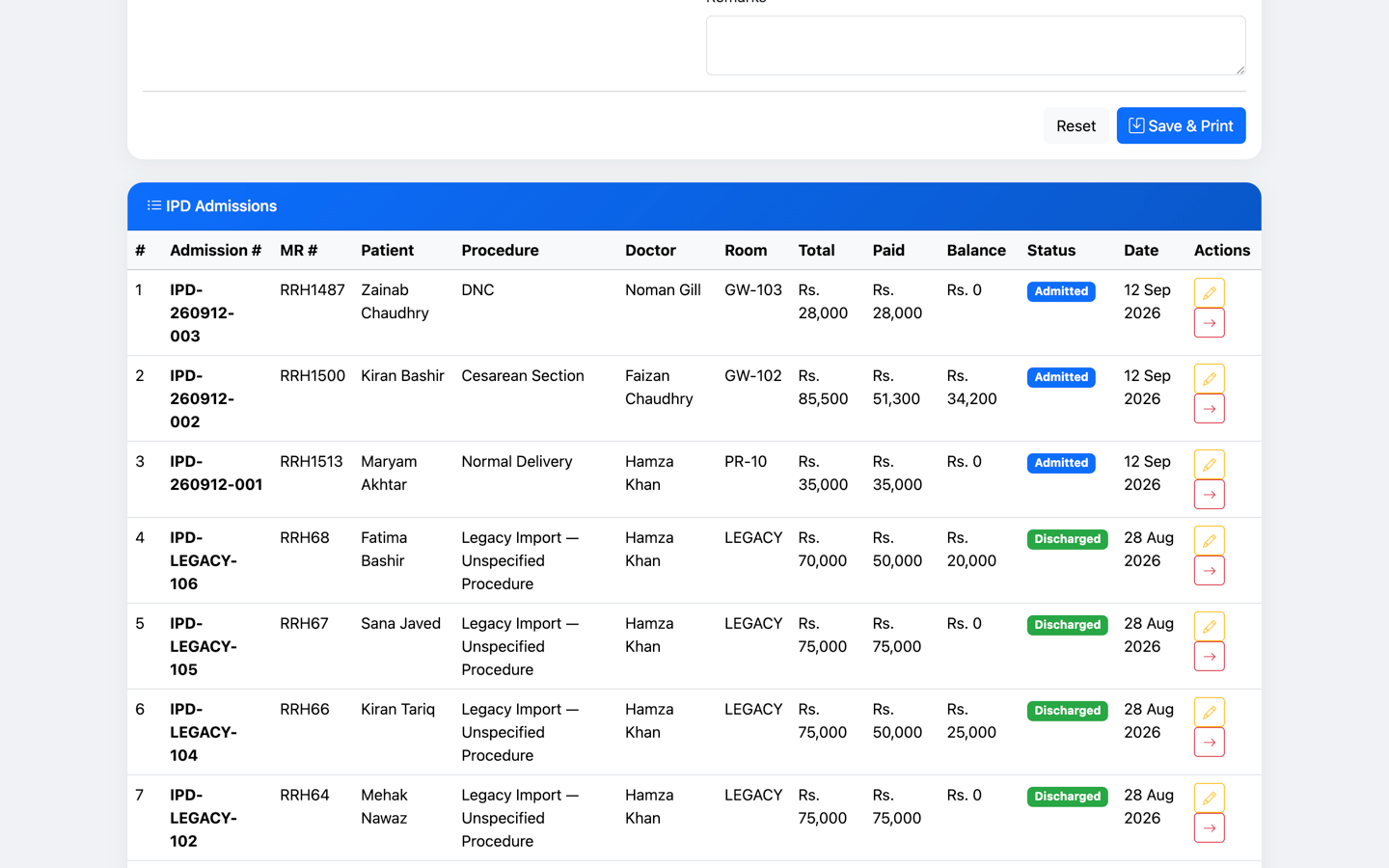 Ayriq HMS — Inpatient admissions register with billing and balances