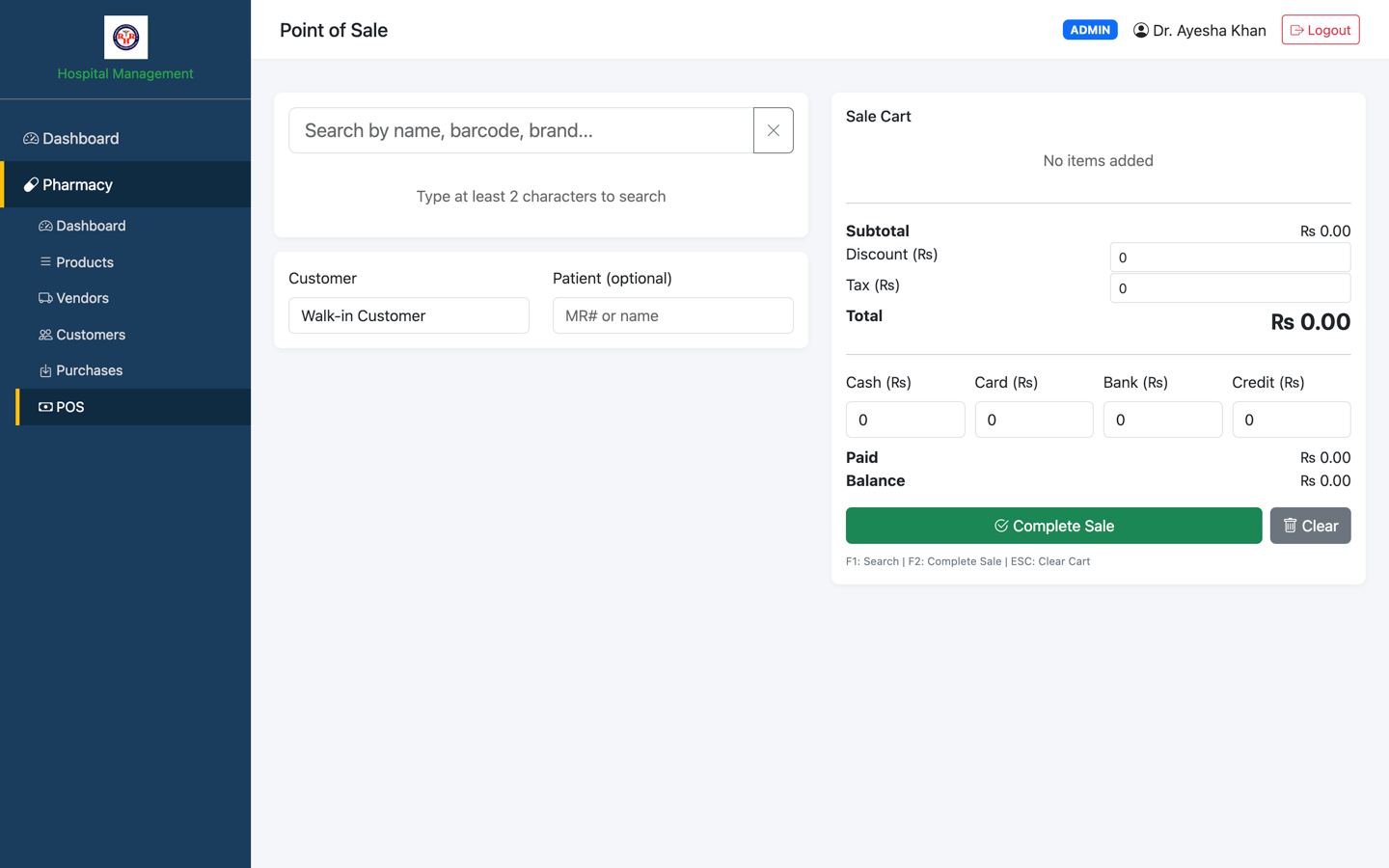Ayriq HMS — Pharmacy counter — barcode search, split payments, patient linking