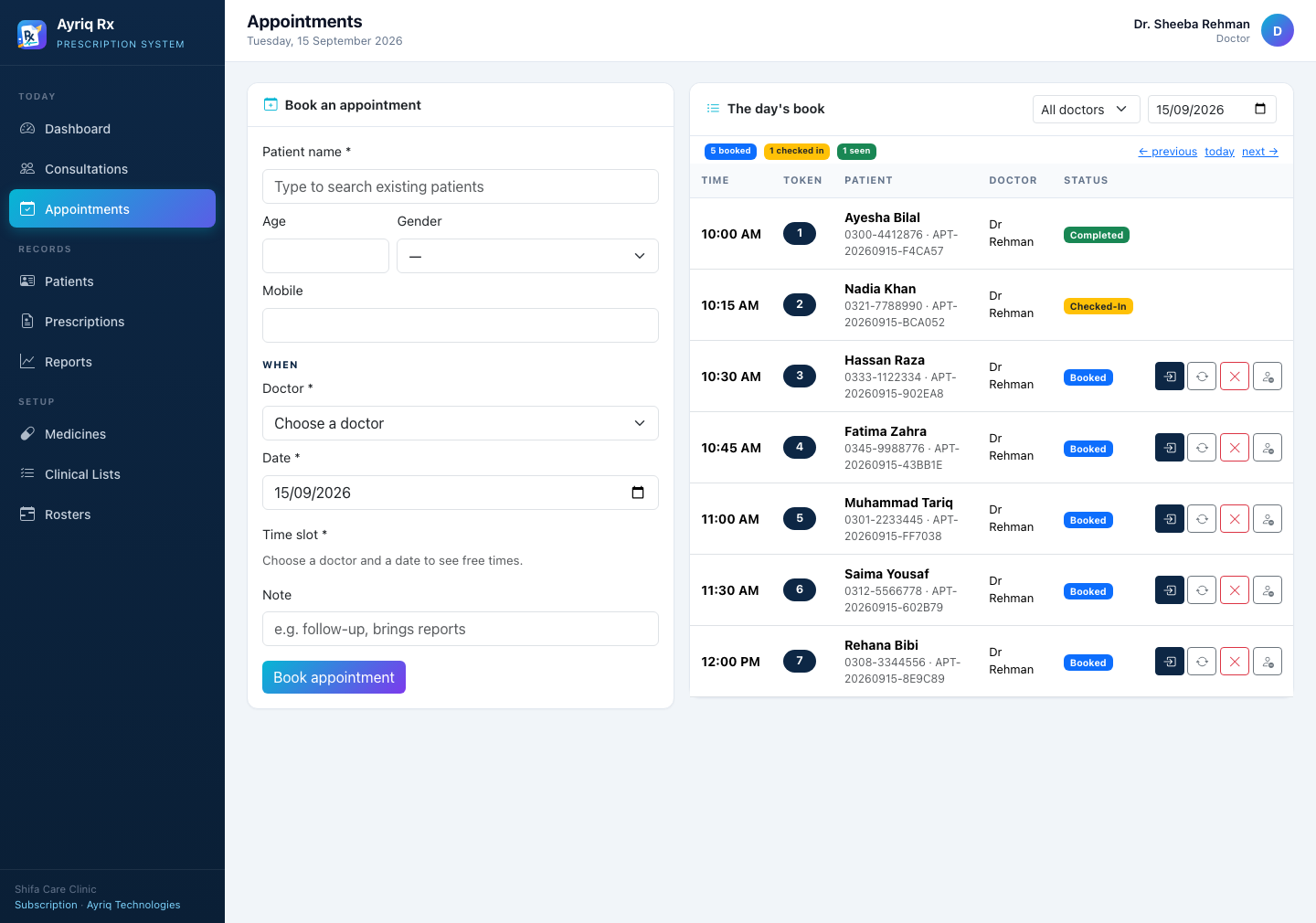 Ayriq Rx — Appointment book with live slot availability and patient tokens
