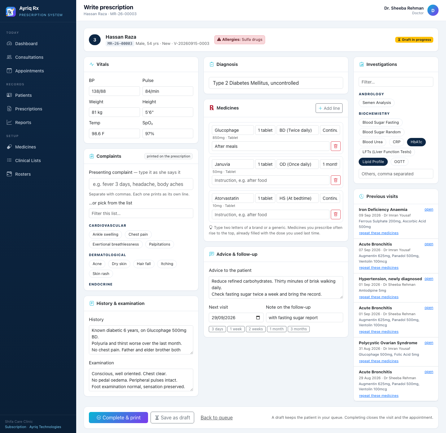 Ayriq Rx — The prescription screen — vitals, complaints, medicines, investigations, follow-up