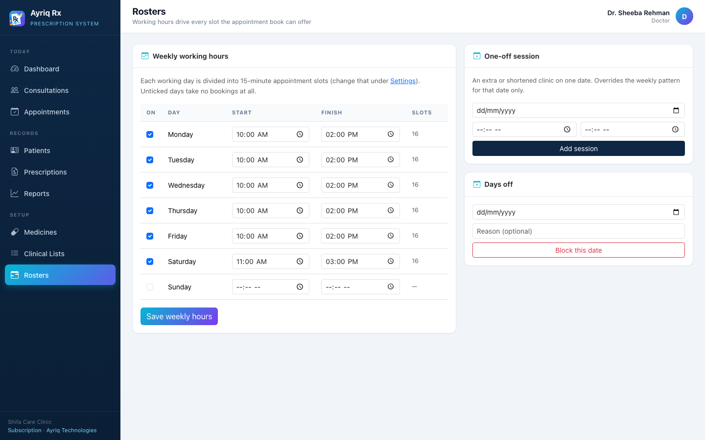Ayriq Rx — Working hours, one-off sessions and days off — what the slot picker offers