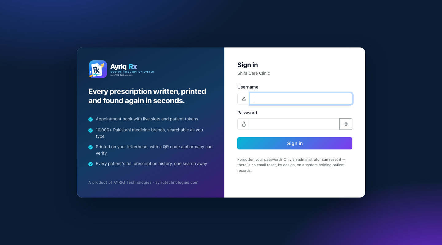Ayriq Rx — Sign-in, with role-based access for doctors, reception and the administrator
