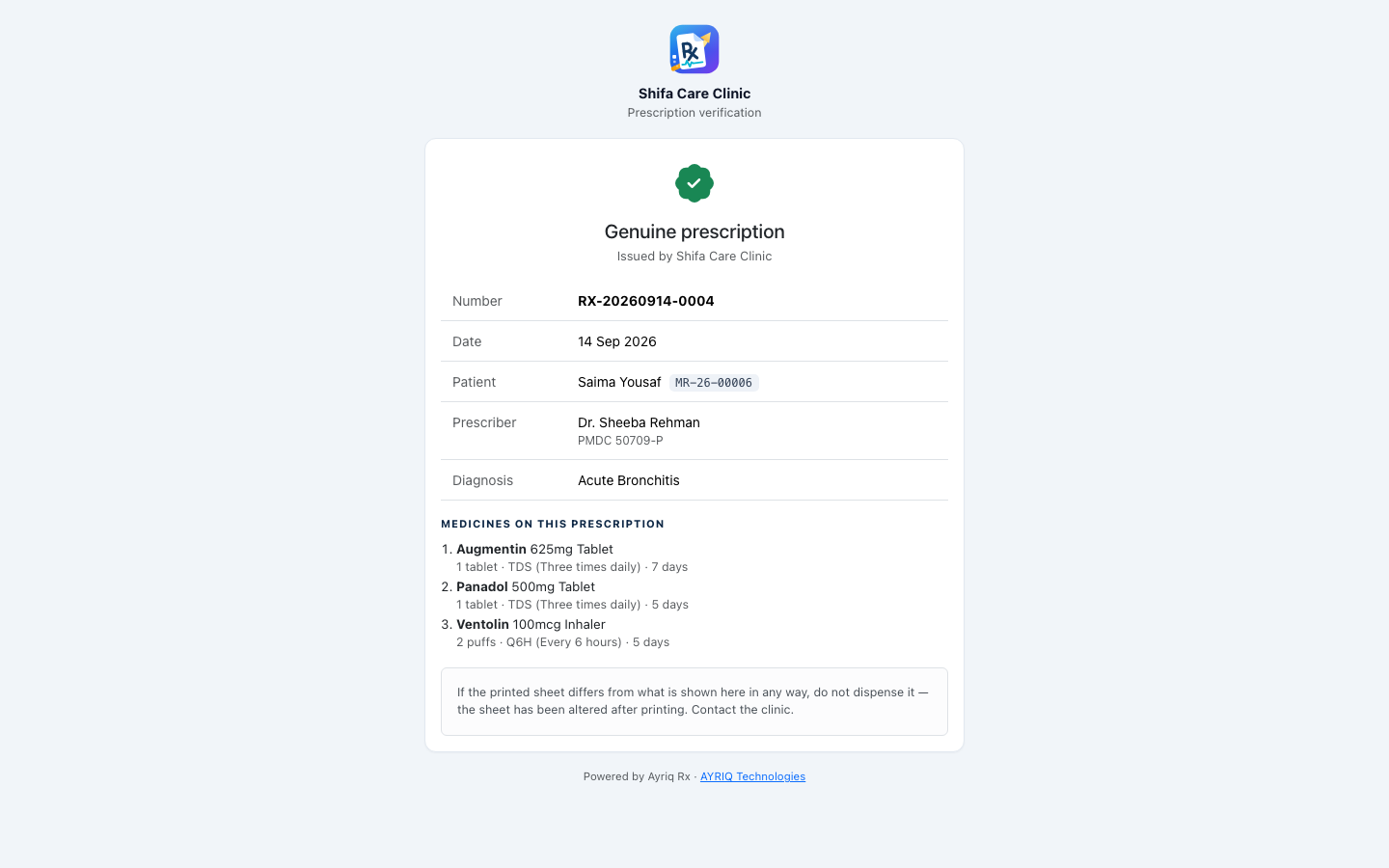 Ayriq Rx — What a pharmacist sees after scanning the QR code on a printed prescription